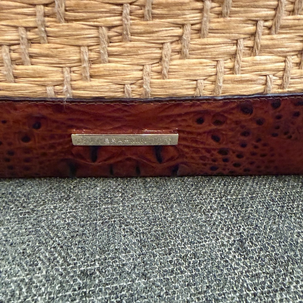 Brahmin Straw Raffia & Melbourne Embossed Leather Satchel Tote Brown Croc - Picture 10 of 13
